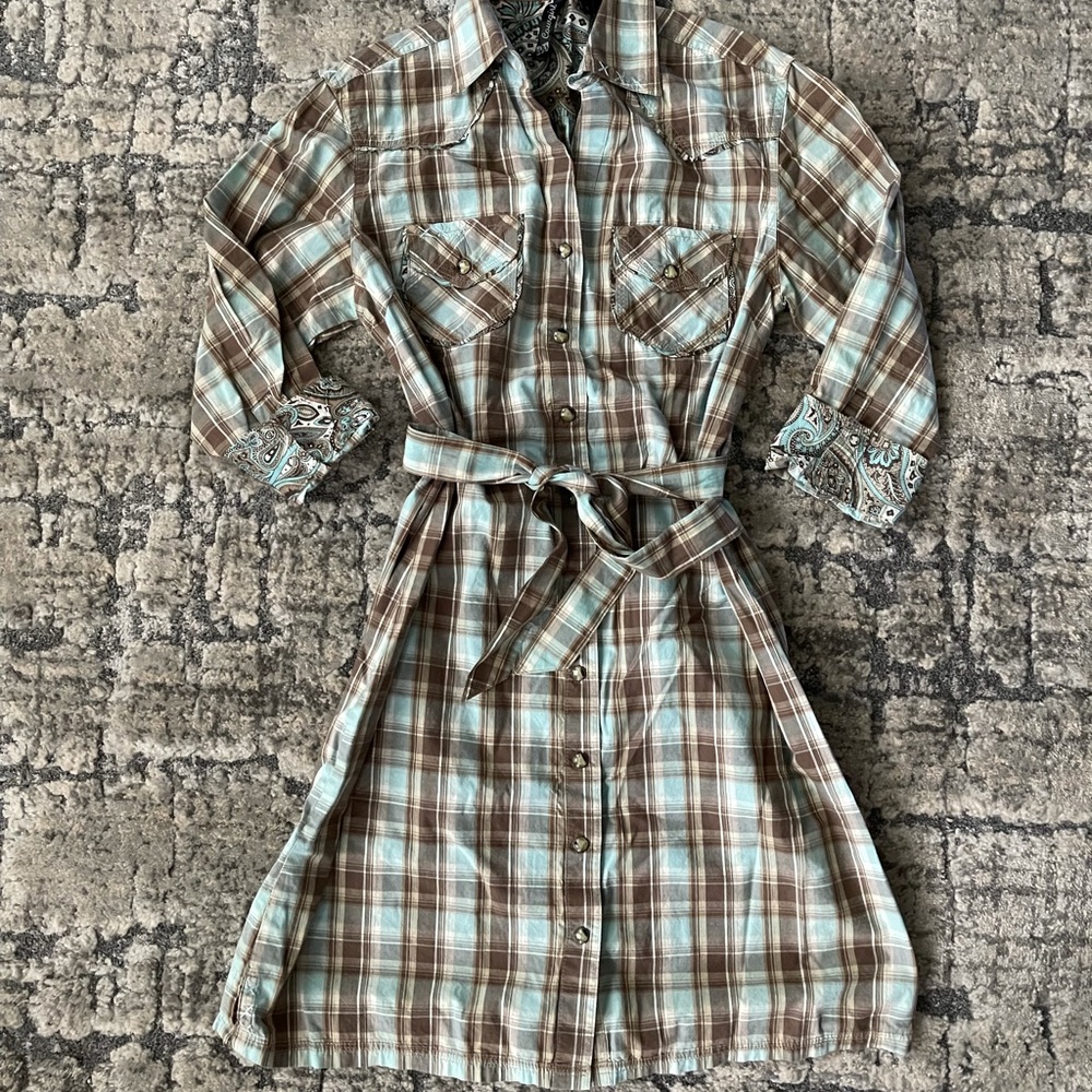 RU Cowgirl collared plaid button down dress with matching belt
